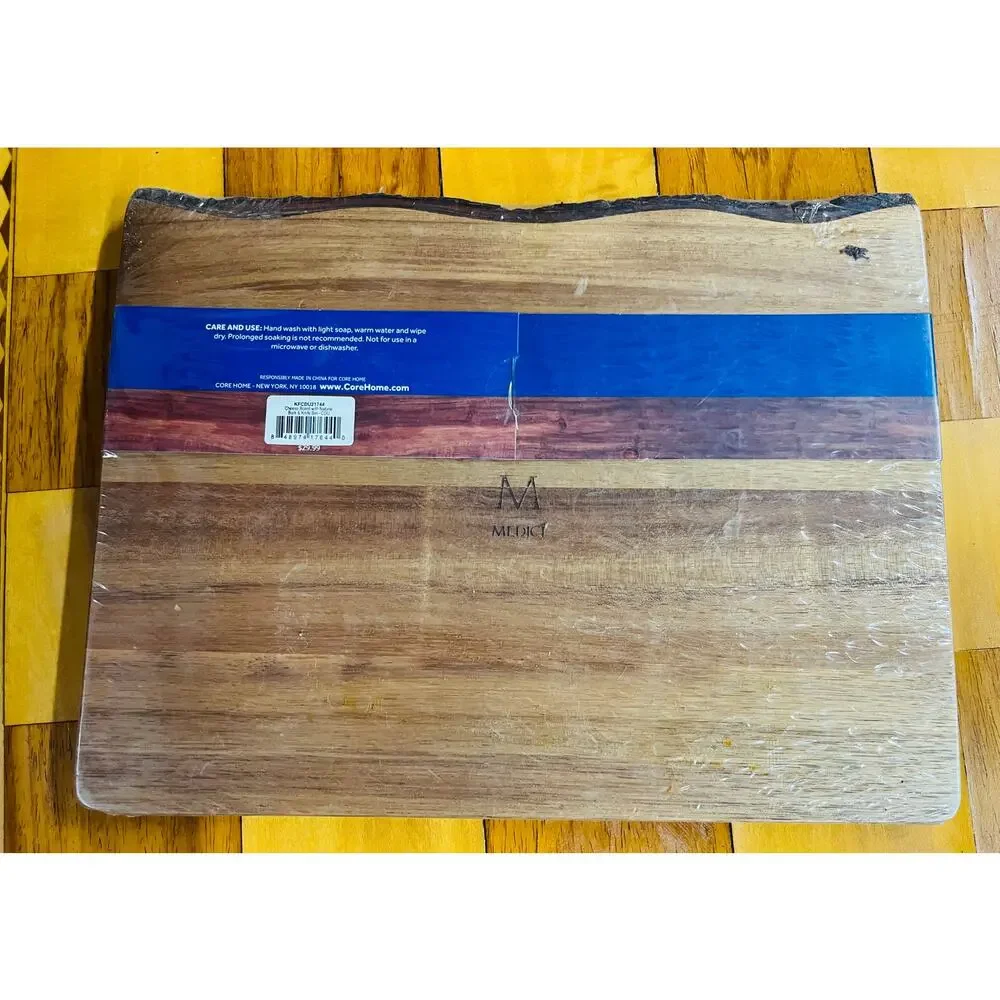 Acacia Wood Cheese Board Serving Set w/ Knives 13x10 Rough Edge by Medici Sealed